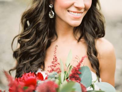 River Bridal Shoot With Rich Red Florals