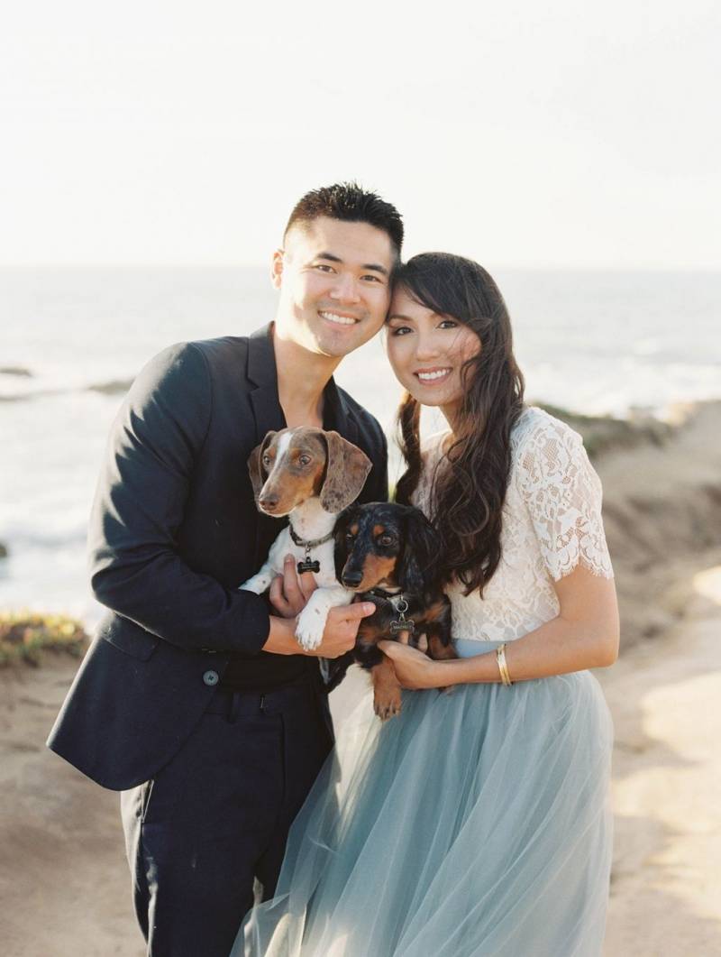 California Coast Engagement Photos with puppies