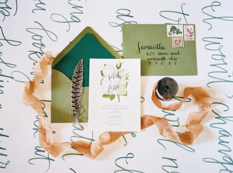 Green and white wedding stationery