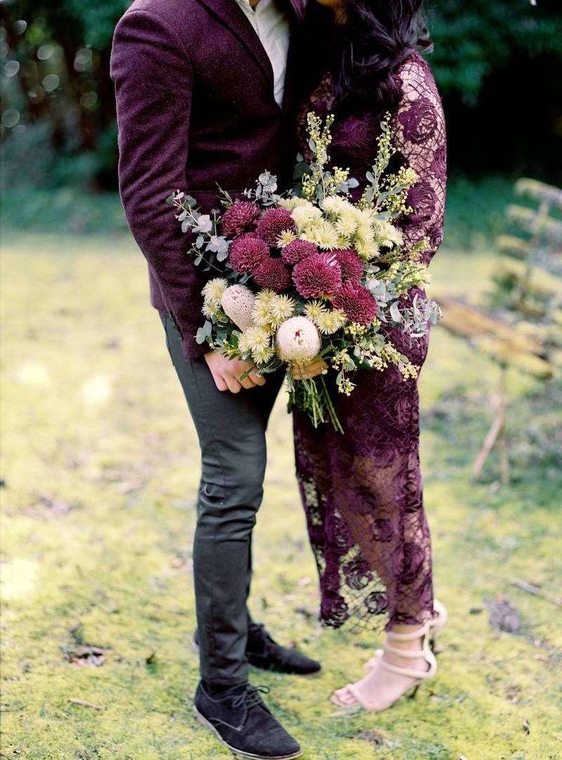 Wintery Melbourne engagement in shades of rich plum