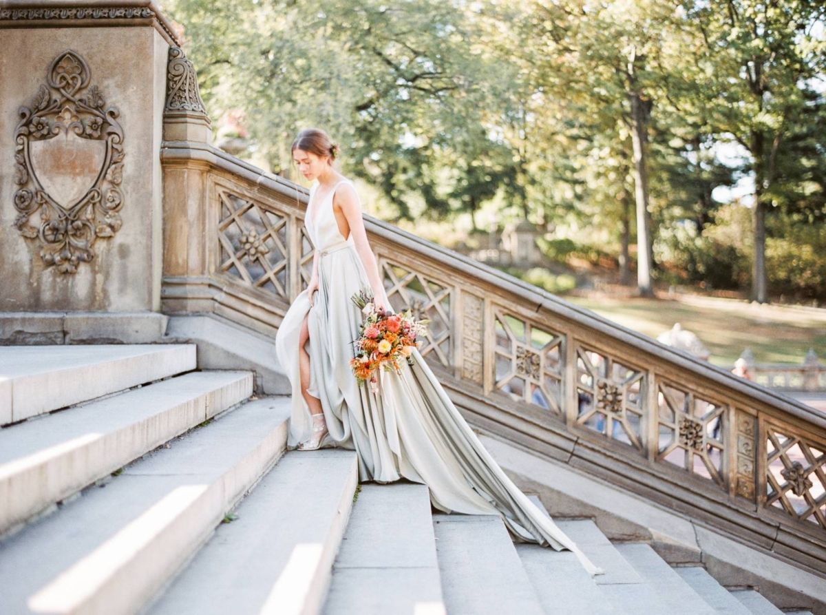 Central Park Bridal Inspiration amidst vibrant fall foliage