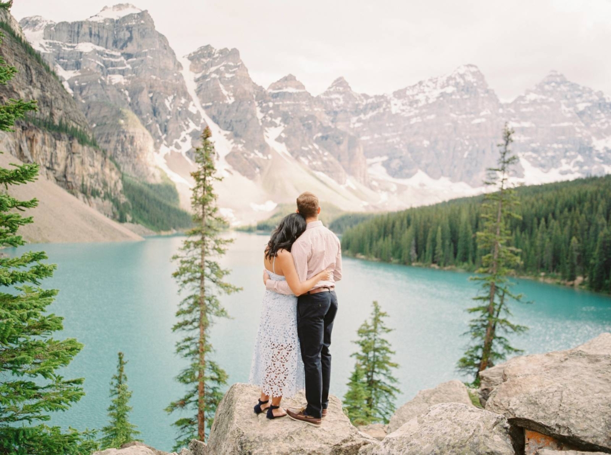 Engagement photos at stunning Lake Louise in Banff