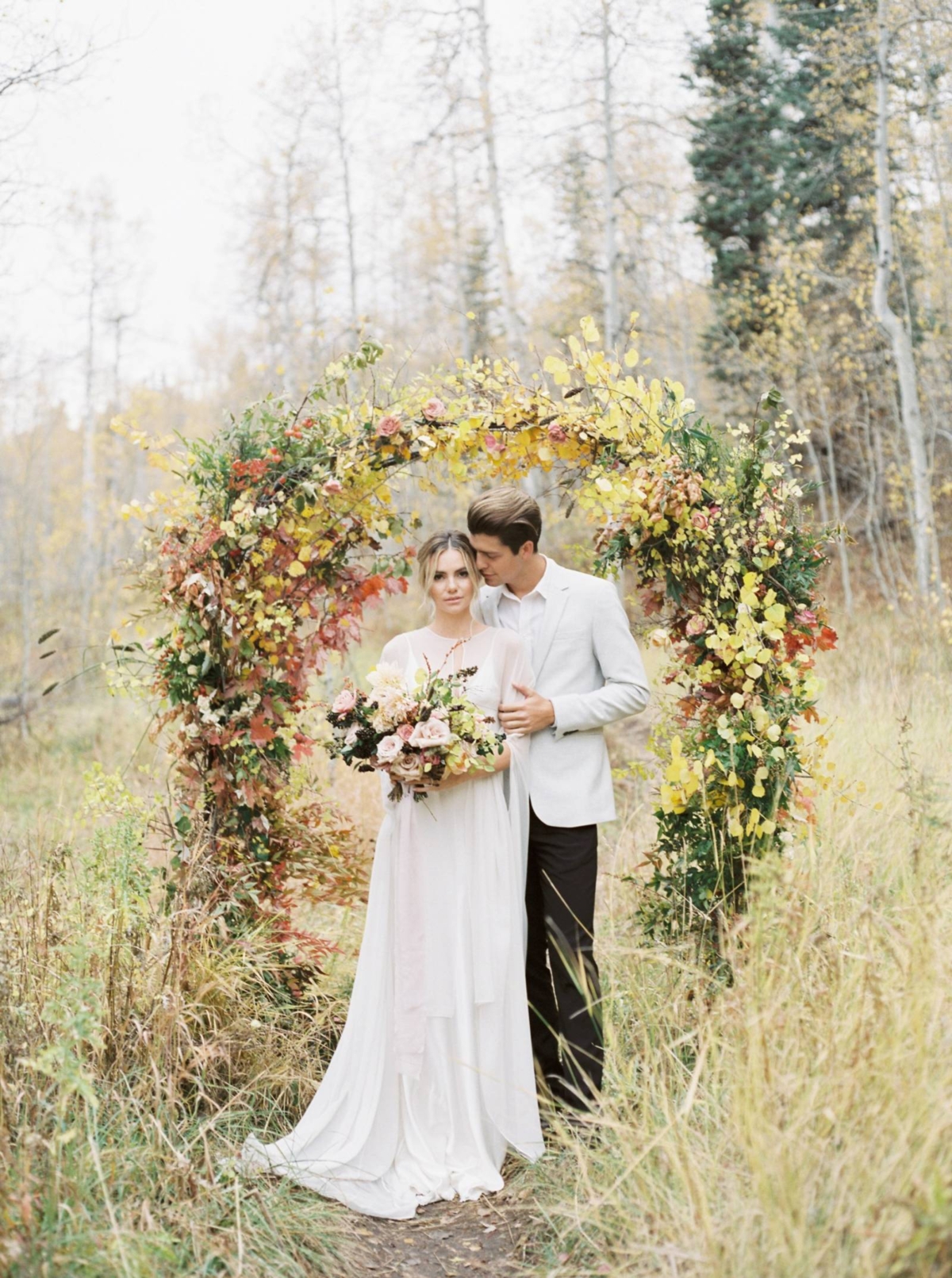 Romantic wedding editorial showcasing Utah’s stunning fall foliage