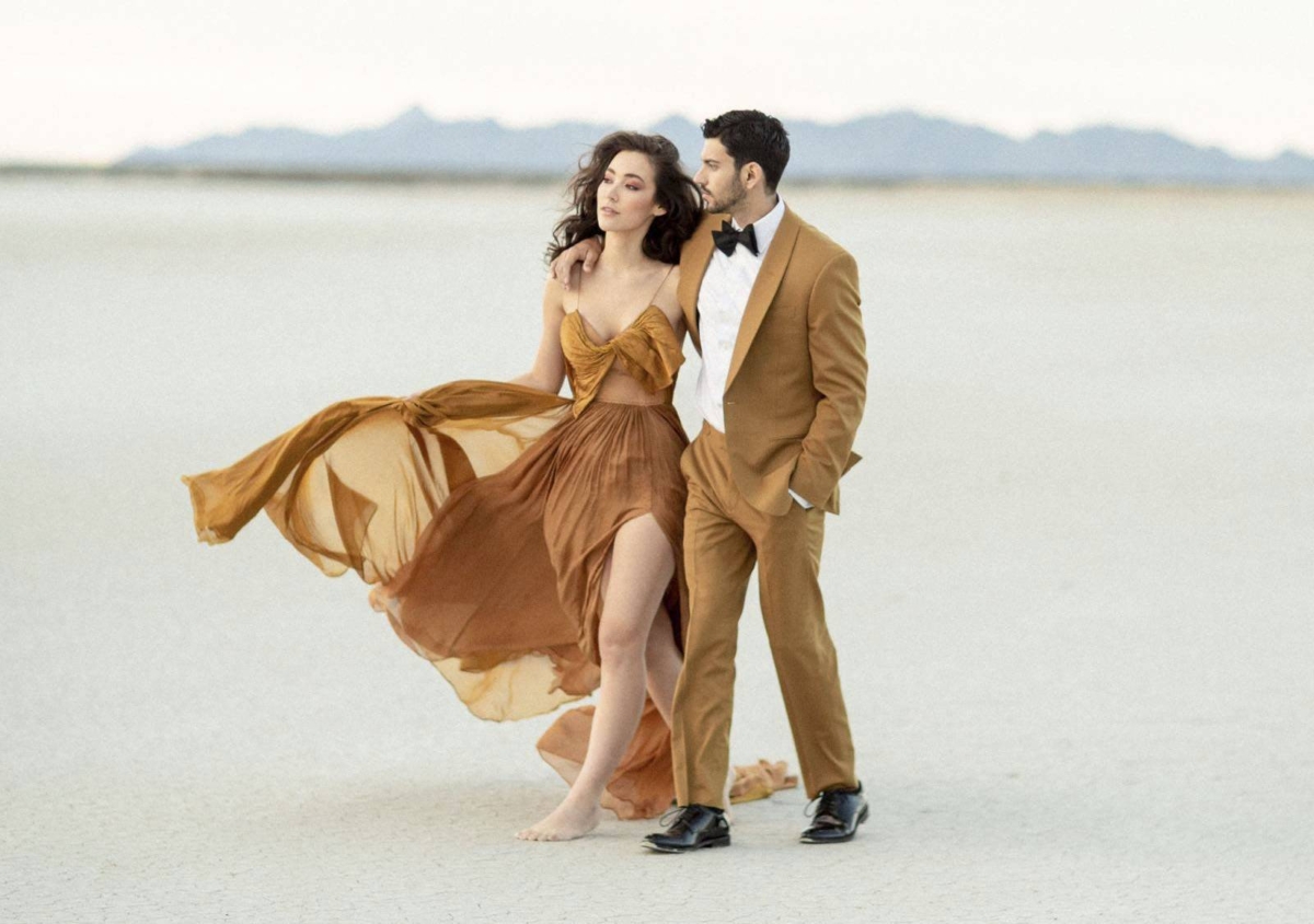 Stunning Utah Salt Flats Adventure Session with a gold gown