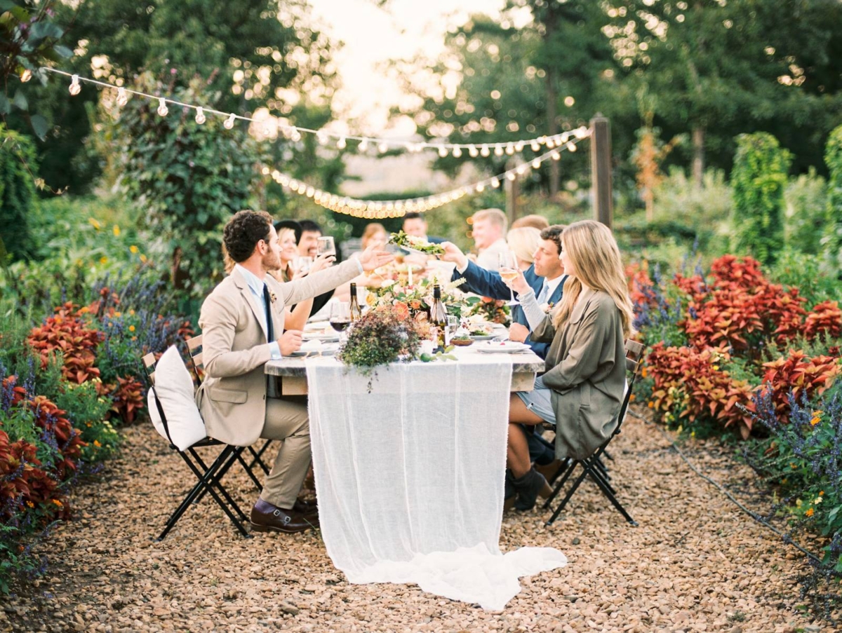 Dinner party wedding reception in an enchanted Garden