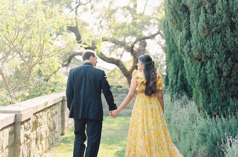 A stunning engagement session at Greystone Mansion with a drop dead gorgeous yellow gown