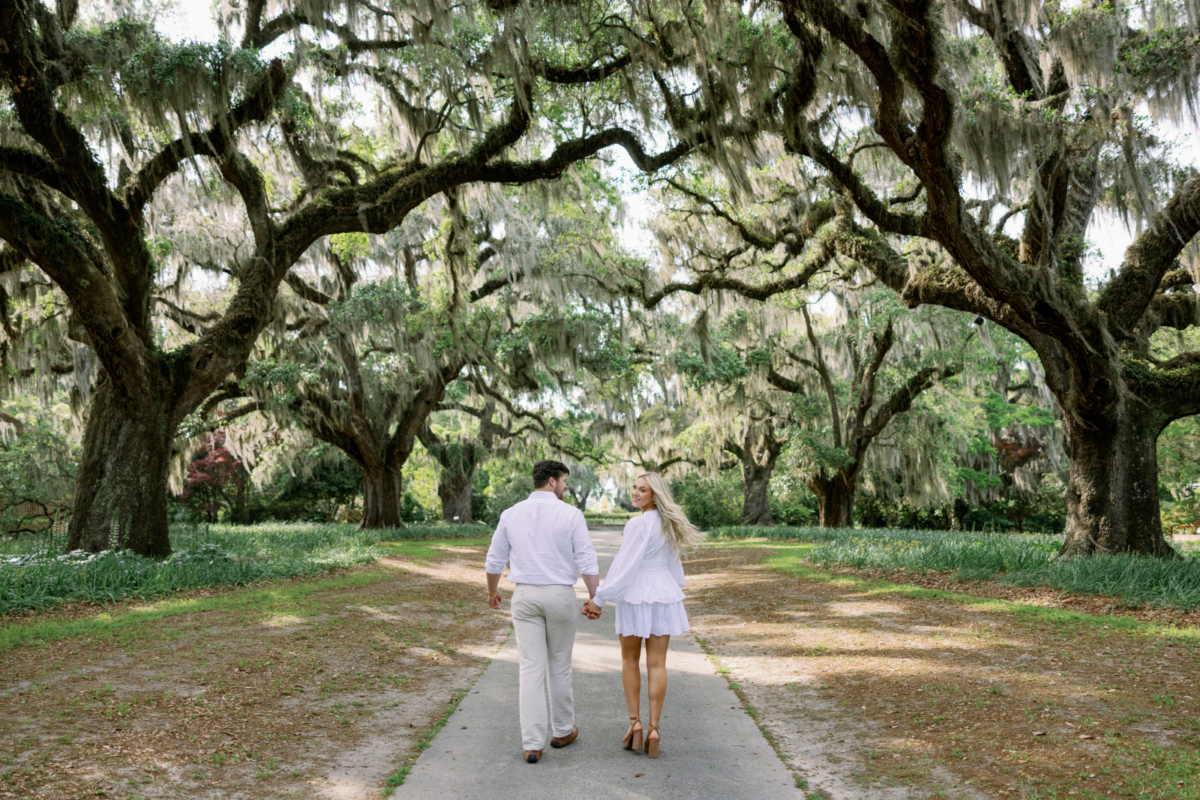 An engagement shoot under the romantic hanging Spanish Moss at Brookgreen Gardens