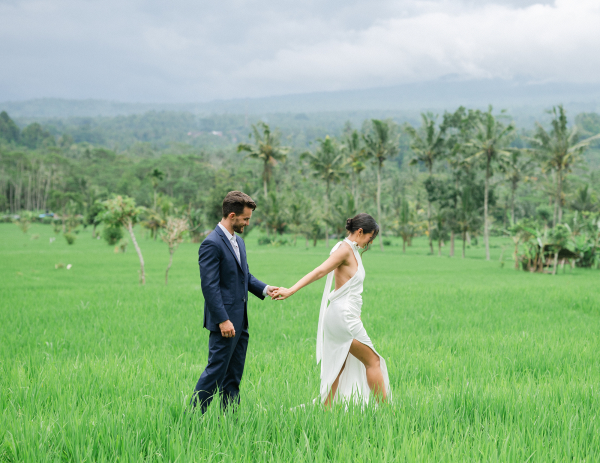 A Secret Hideout Engagement with a stroll through a gorgeous Rice field in the countryside of Bali