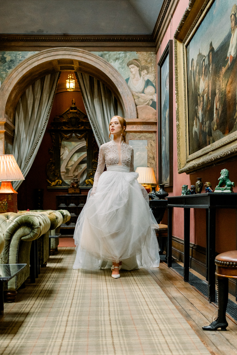 Regal & romantic Bridals in a cosy Irish Castle Library